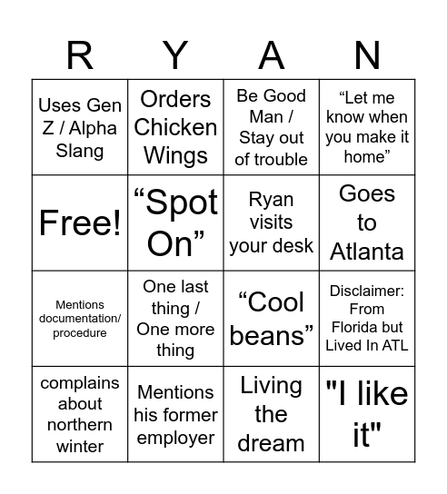 Ryan Bingo Card