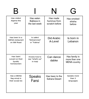 MENA Soc - Find someone who... Bingo Card