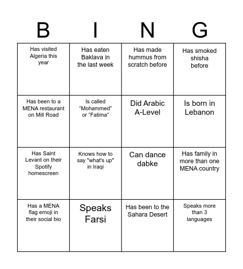 MENA Soc - Find someone who... Bingo Card