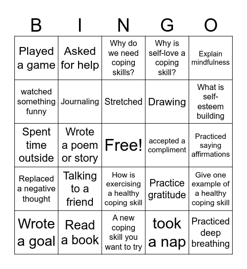 Coping Skills Bingo Card