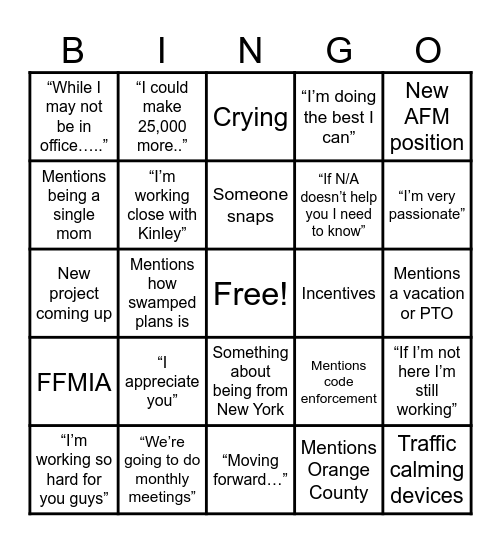FP Meeting Bingo Card