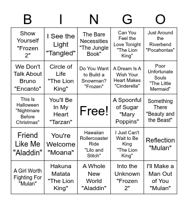 Disney Songs Bingo Card