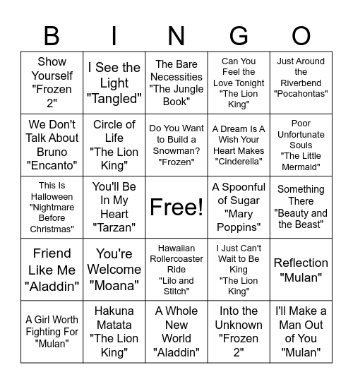 Disney Songs Bingo Card