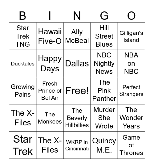 TV Theme Songs Bingo Card