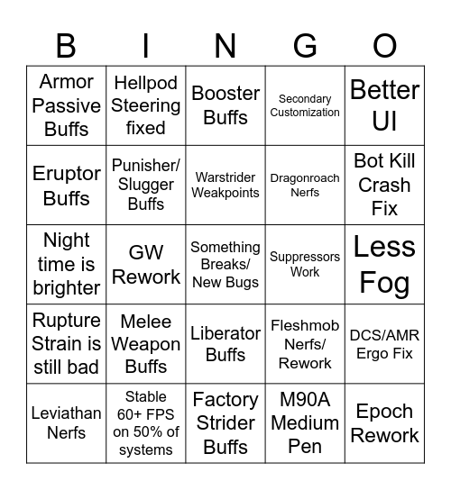 Helldivers 2 "Mid-October" Patch Bingo Card