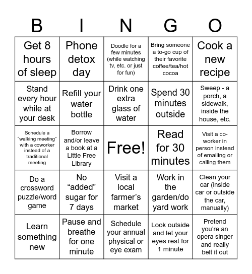 Wellness Bingo Card