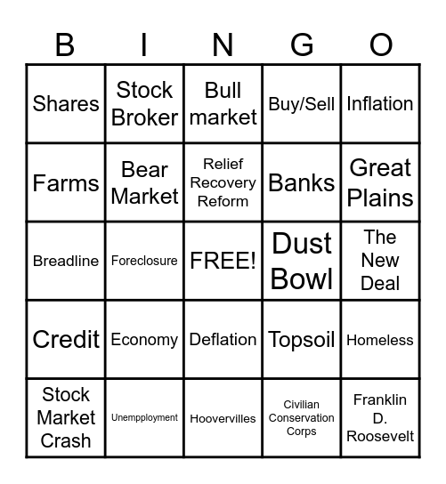 The Great Depression Bingo Card