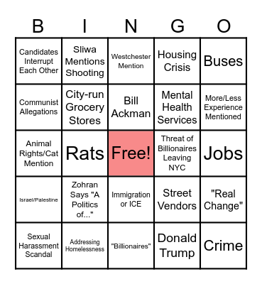 NYC Mayoral Debate BINGO Card