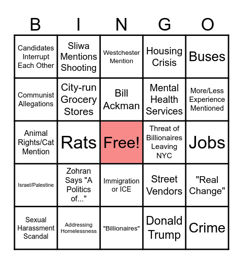 NYC Mayoral Debate BINGO Card