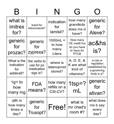 Pharmacy Bingo Card