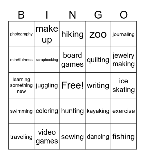 Leisure Exploration Bingo Card