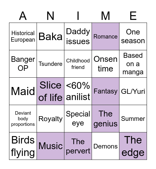 Anime randomizer Lextoria Bingo Card