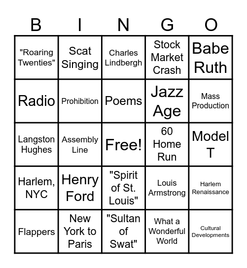 1920's Bingo Card