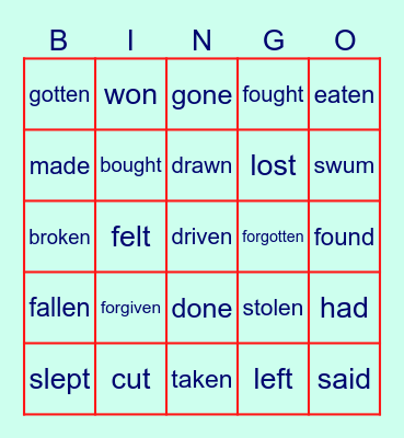 Past Participle (Irregular Verbs) Bingo Card