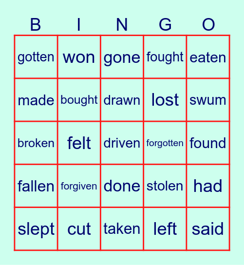 Past Participle (Irregular Verbs) Bingo Card