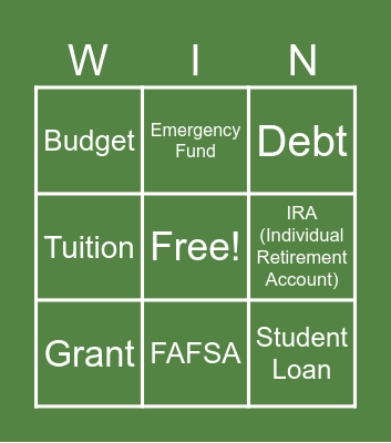 Money Management Bingo Card