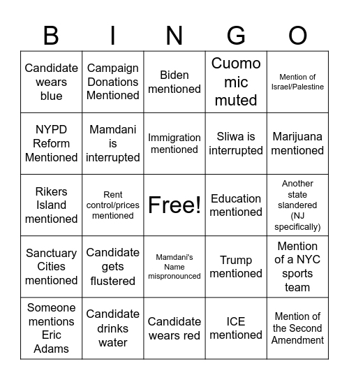 NYC Mayoral Debate Bingo Card