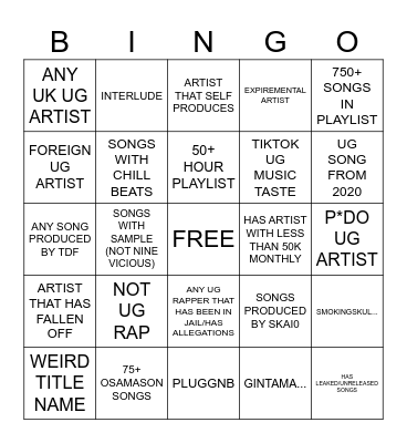 UG MUSIC BINGO Card