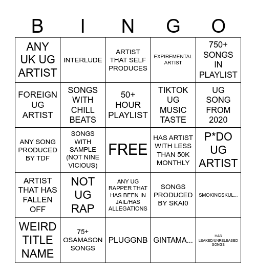UG MUSIC BINGO Card