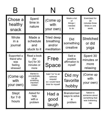 Stress Coping Bingo Card