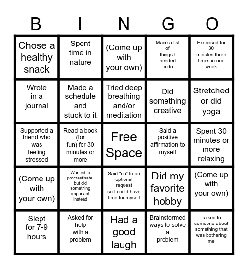 Stress Coping Bingo Card
