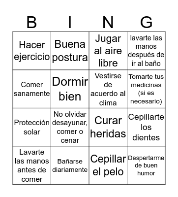 Cuidado del cuerpo Bingo Card