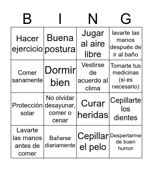 Cuidado del cuerpo Bingo Card