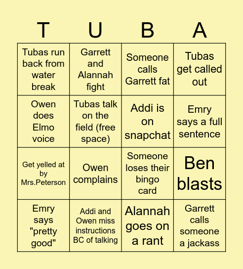 Tuba Bingo Card