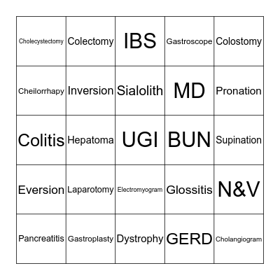 Medical Terminology Bingo Card