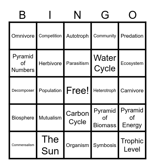 Ecology Bingo Card