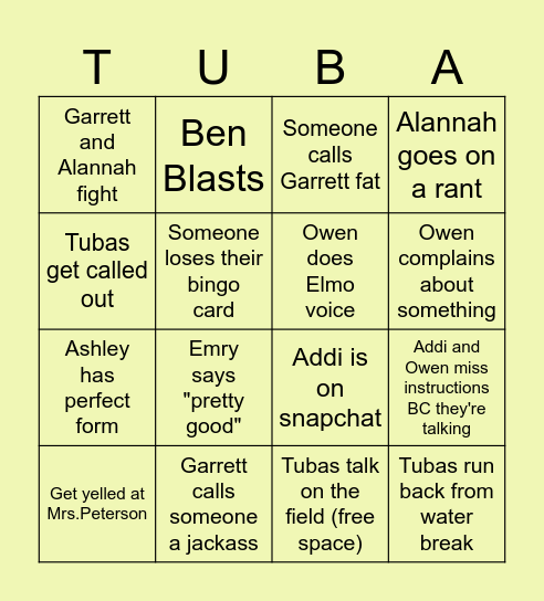 Tuba Bingo Card