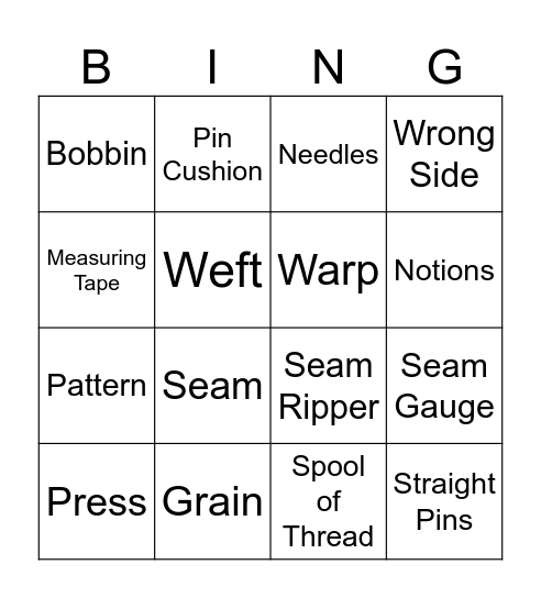 Sewing Notions & Vocabulary Bingo Card