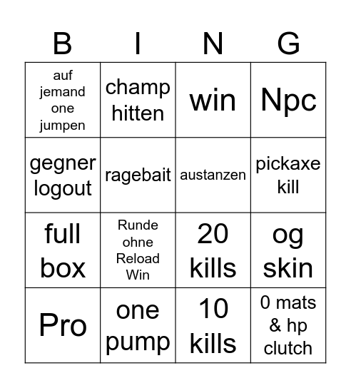 Fortnite bingo Card