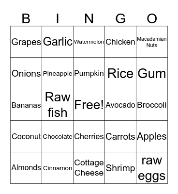 Dog Nutrition Bingo Card