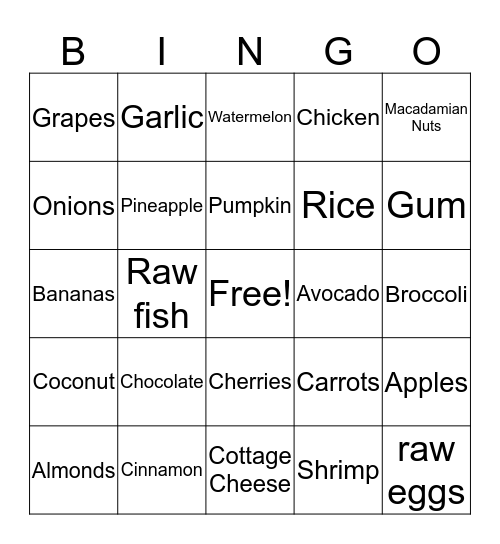 Dog Nutrition Bingo Card