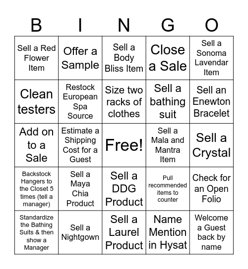 Spa Retail Bingo Card