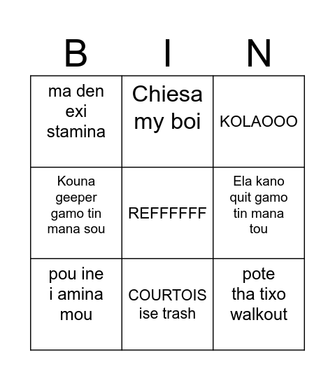 Minas Weekend league Bingo Card