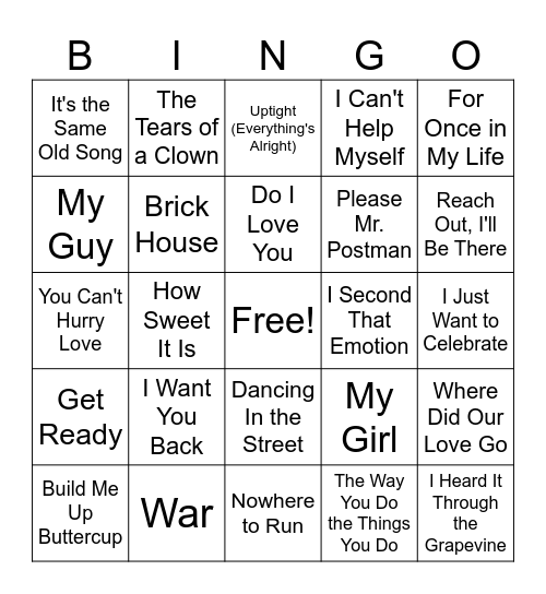 Motown Hits Bingo Card