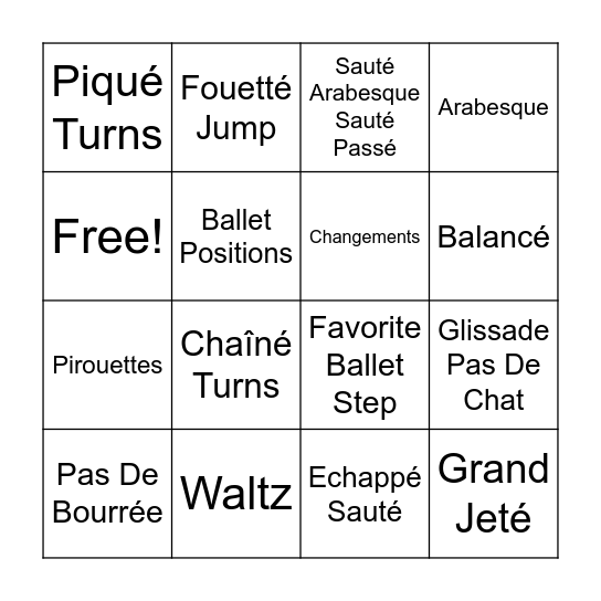 Intermediate Ballet Bingo Card