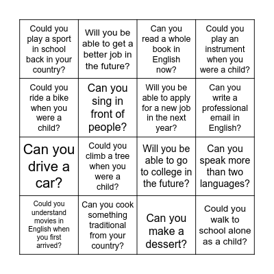 BINGO: What Can You Do? What Could You Do? What Will You Be Able to Do? Bingo Card