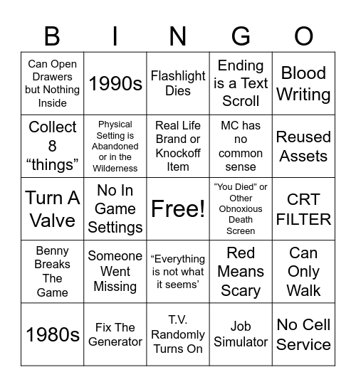 Indie Horror Bingo Card