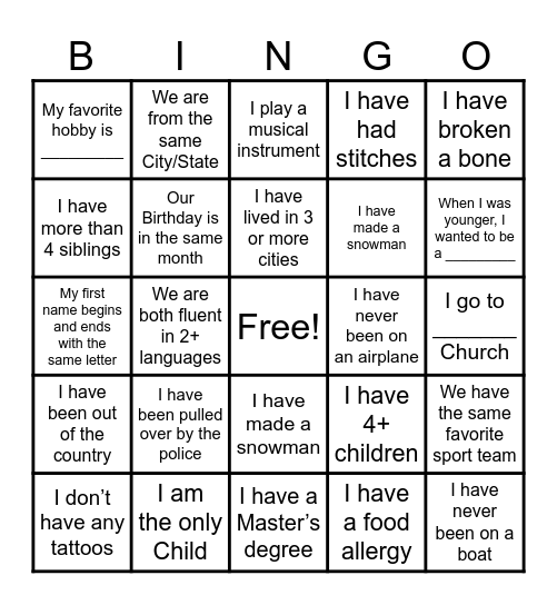 Get to Know You Bingo Card