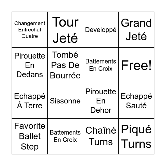 Advanced Ballet Bingo Card