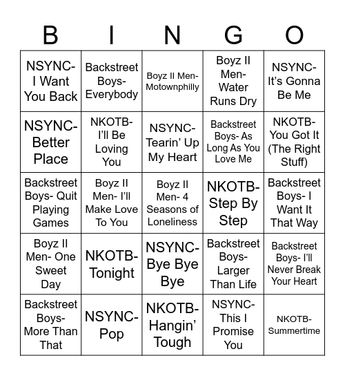 90's Boy Band Bingo Card