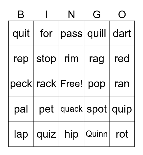 PQR Bingo Card