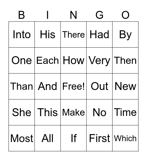 Power Words Bingo Card