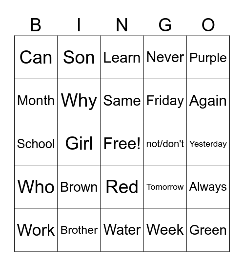 Sign Language Bingo Card