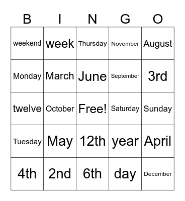 Days, Months, Ordinal Numbers Bingo Card