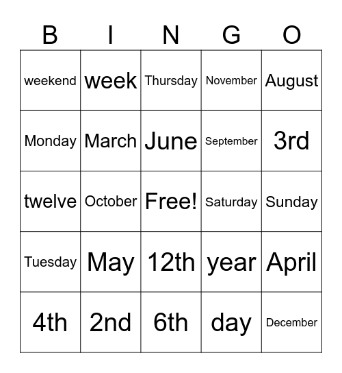 Days, Months, Ordinal Numbers Bingo Card