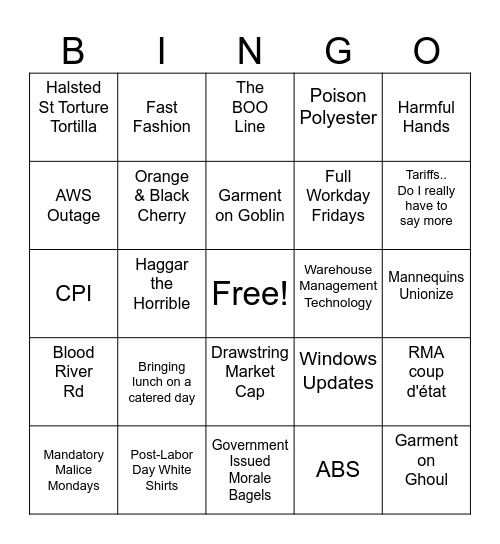 Apparel & AccesSCARIES Bingo Card